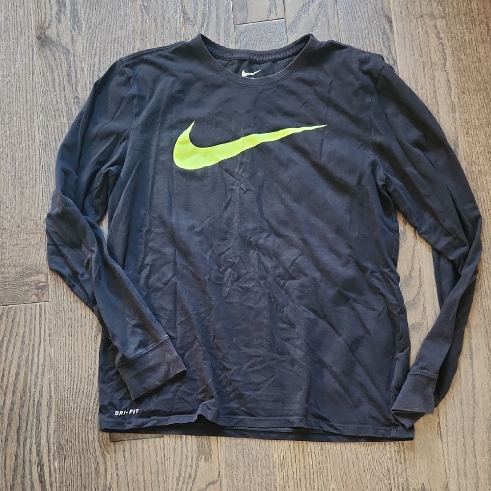 Nike Black Dri-Fit Shirt with Bright Green Swoosh